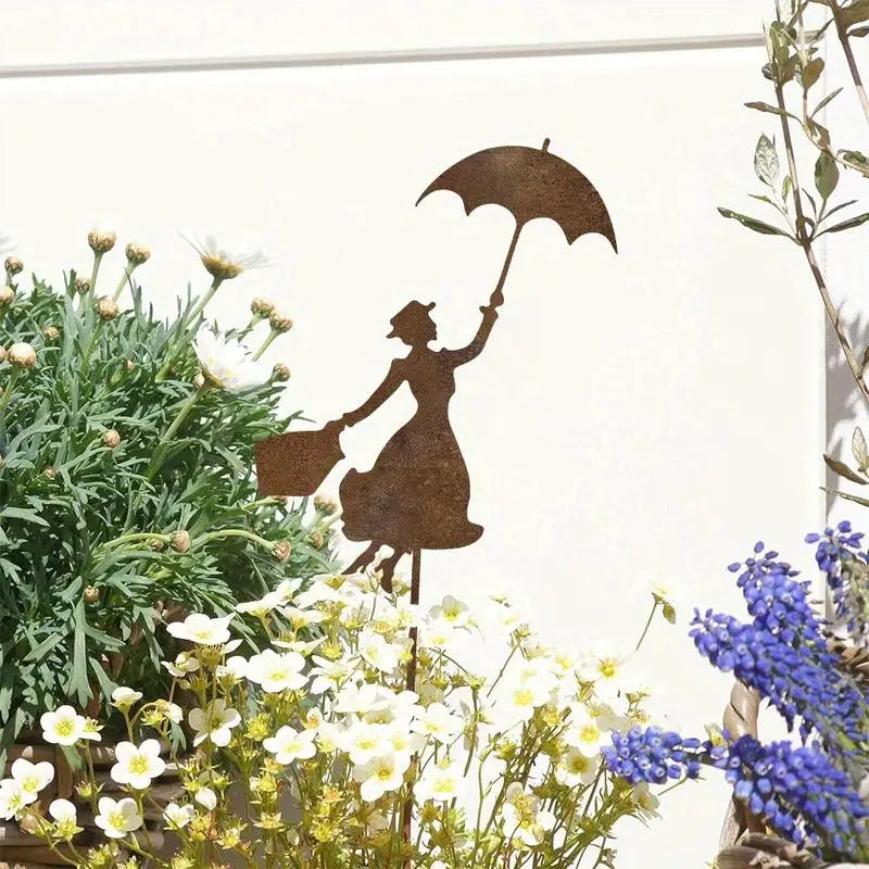 Rusty Metal Garden Stake – Woman with Umbrella Outdoor Decor Garden Stake Decor Babs