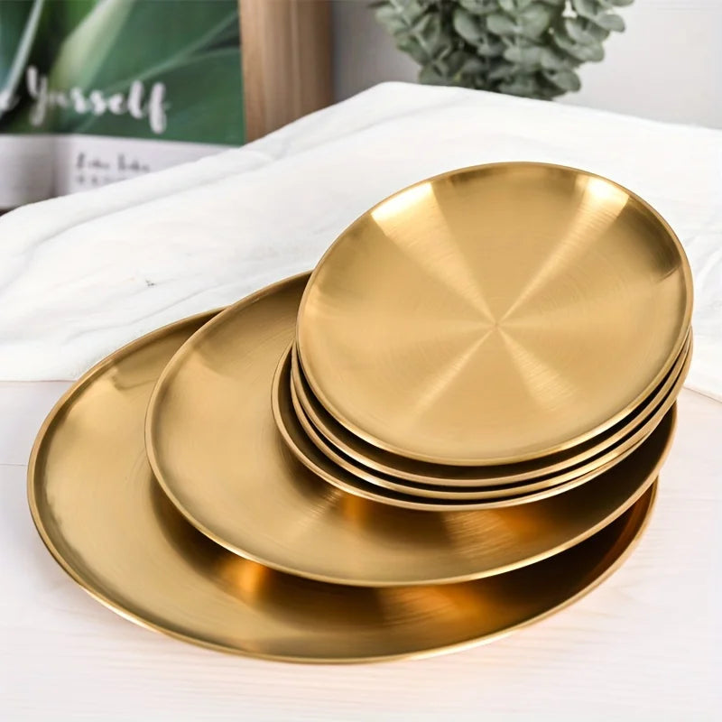 2pcs Gold Stainless Steel Pizza & Dinner Serving Plates Serving Plates Set Babs