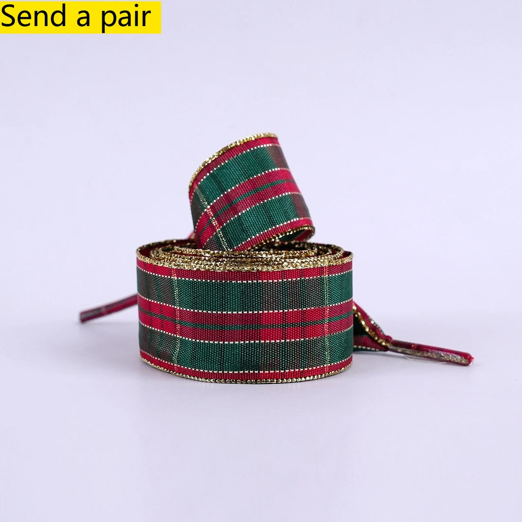 Plaid Ribbon Bow Shoelaces – Chinese Style Flat Laces for Sneakers Fashion Shoelaces Babs red green 120cm