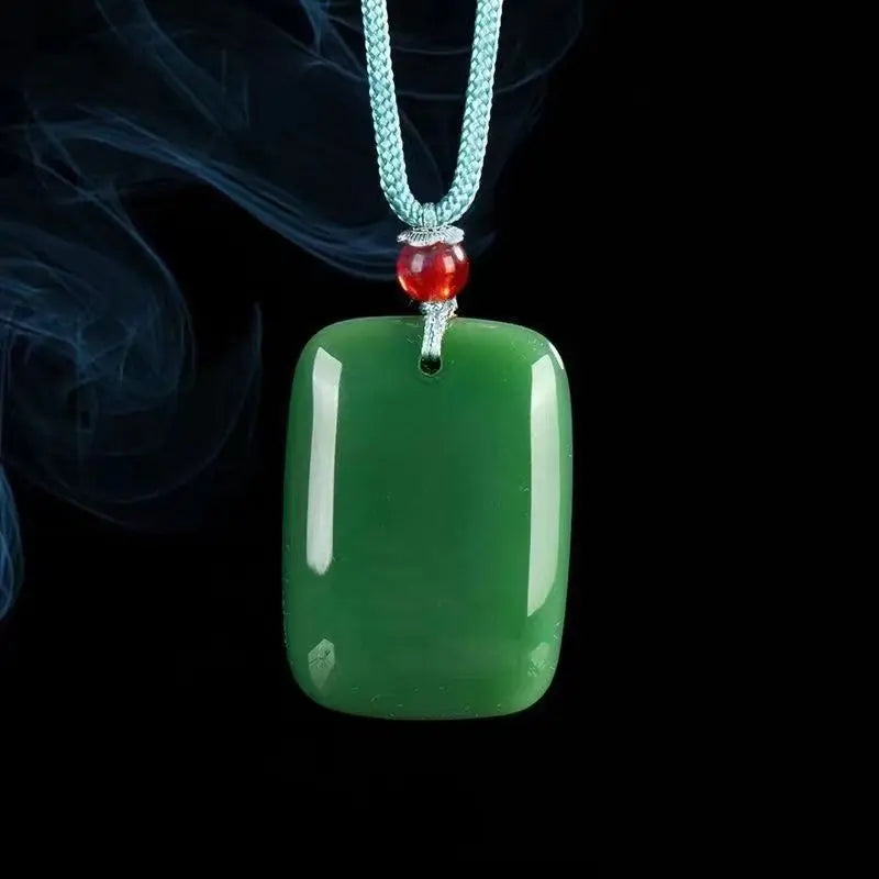 Jade Peace Pendant Necklace – Braided Cord & Red Bead Charm Pendant Necklace Babs dark green