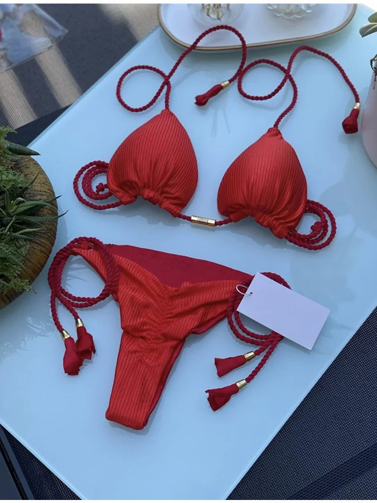 Women's Backless Lace-Up Triangle Bikini Set – Multicolor