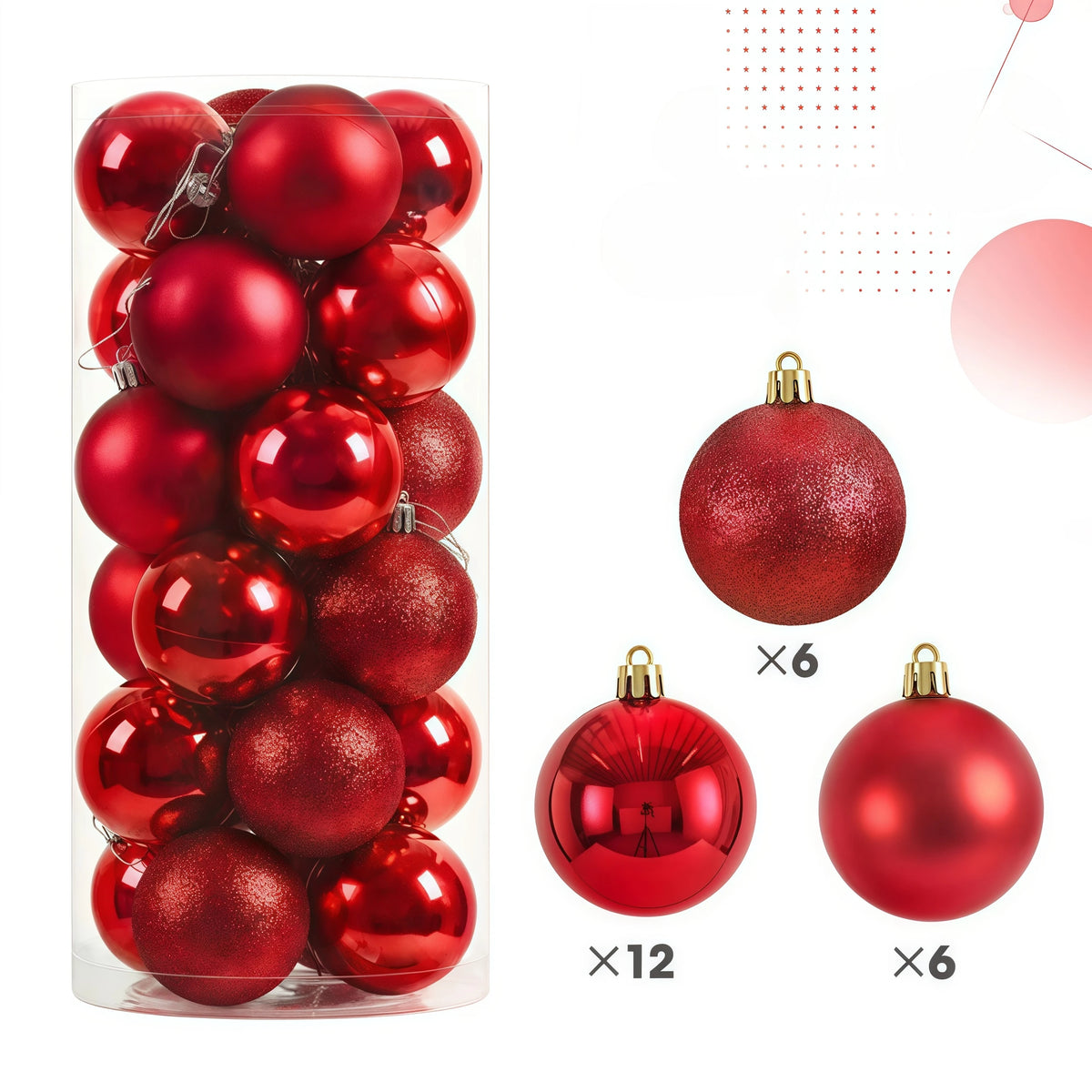 24-Piece Christmas Ball Ornaments Set – 3cm & 4cm Tree Baubles Christmas Tree Ornaments Babs RED 4cm