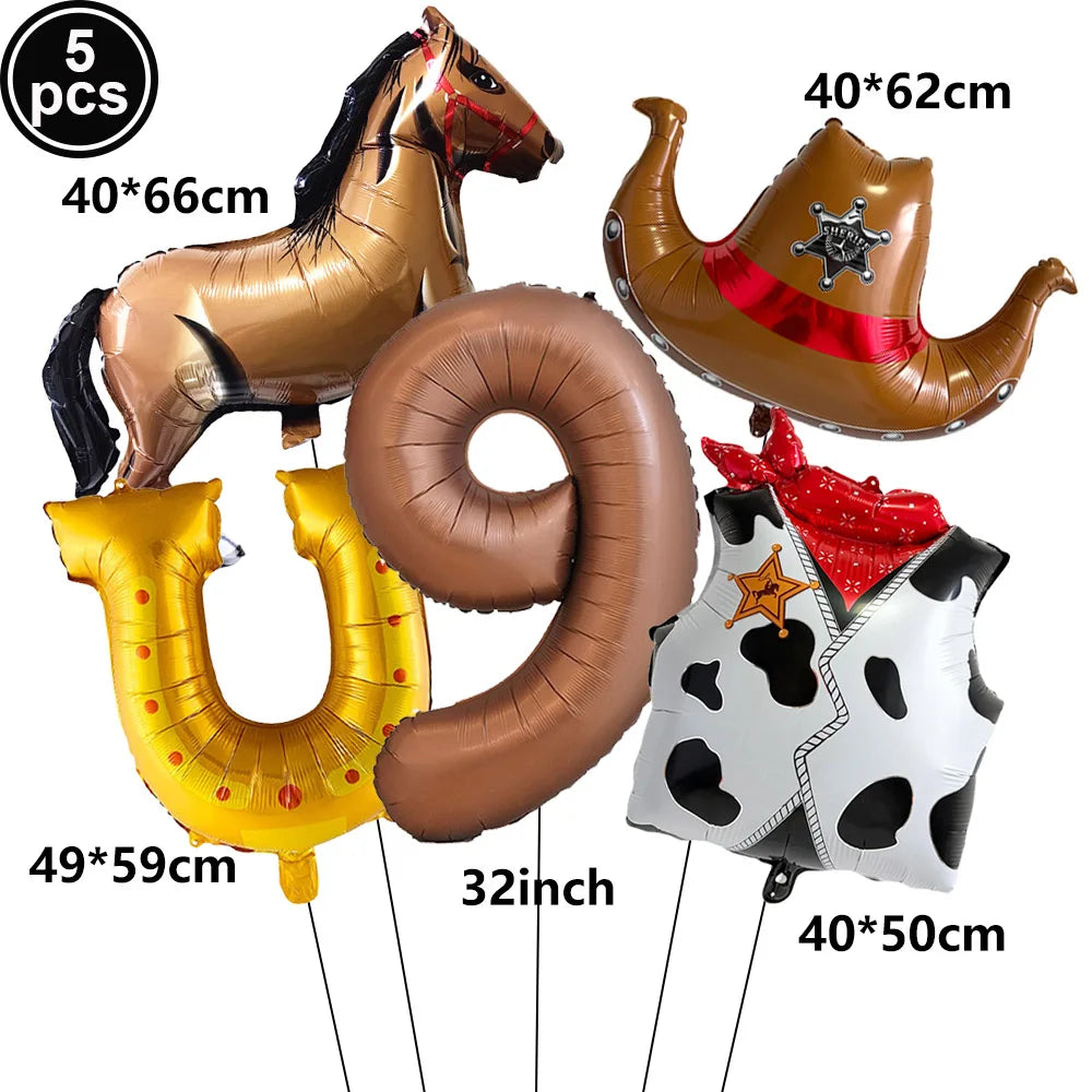 5-Pc Western Cowboy Foil Balloon Set | Rodeo Birthday Party Decor Party Foil Balloons Babs Fluorescence Yellow As pictures show