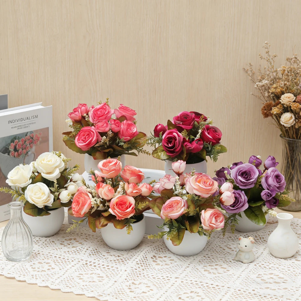 Artificial Silk Rose Bonsai Pot | Autumn Flower Vase Home Decor Artificial Flower Decor Babs