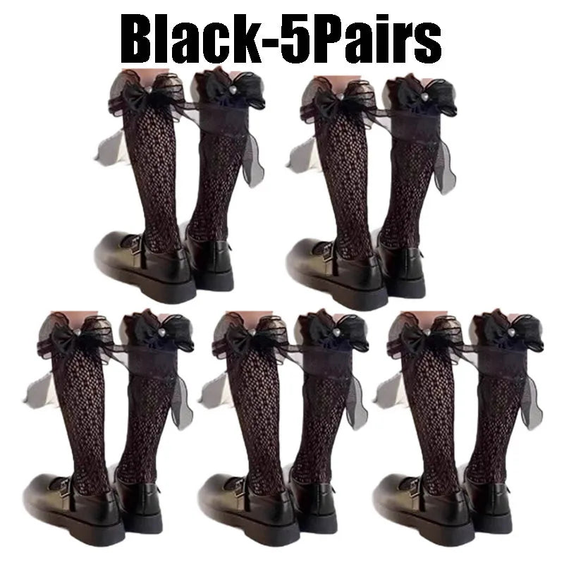 Lace Bow Thigh High Socks – Sheer Mesh Stockings for Women Thigh High Stockings Babs Black--5Pairs 35-39