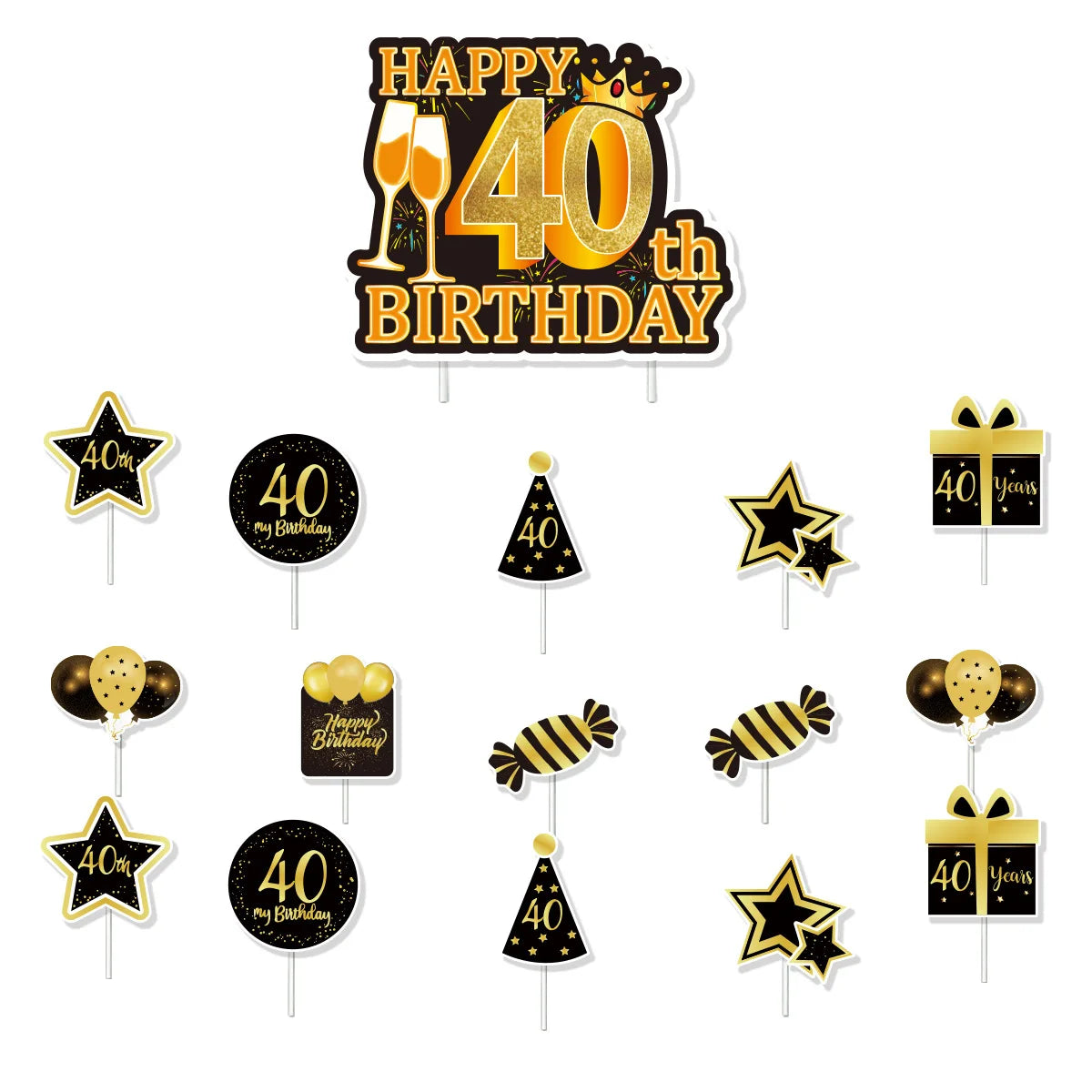 40th Birthday Party Decorations – Black & Gold Tableware Set Birthday Party Set Babs topper2