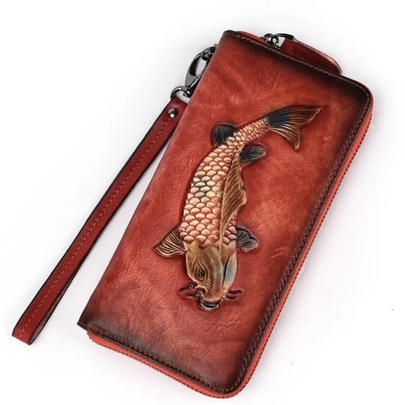 Genuine Leather Clutch Wallet – Golden Fish Embossed Wristlet Leather Clutch Wallet Babs