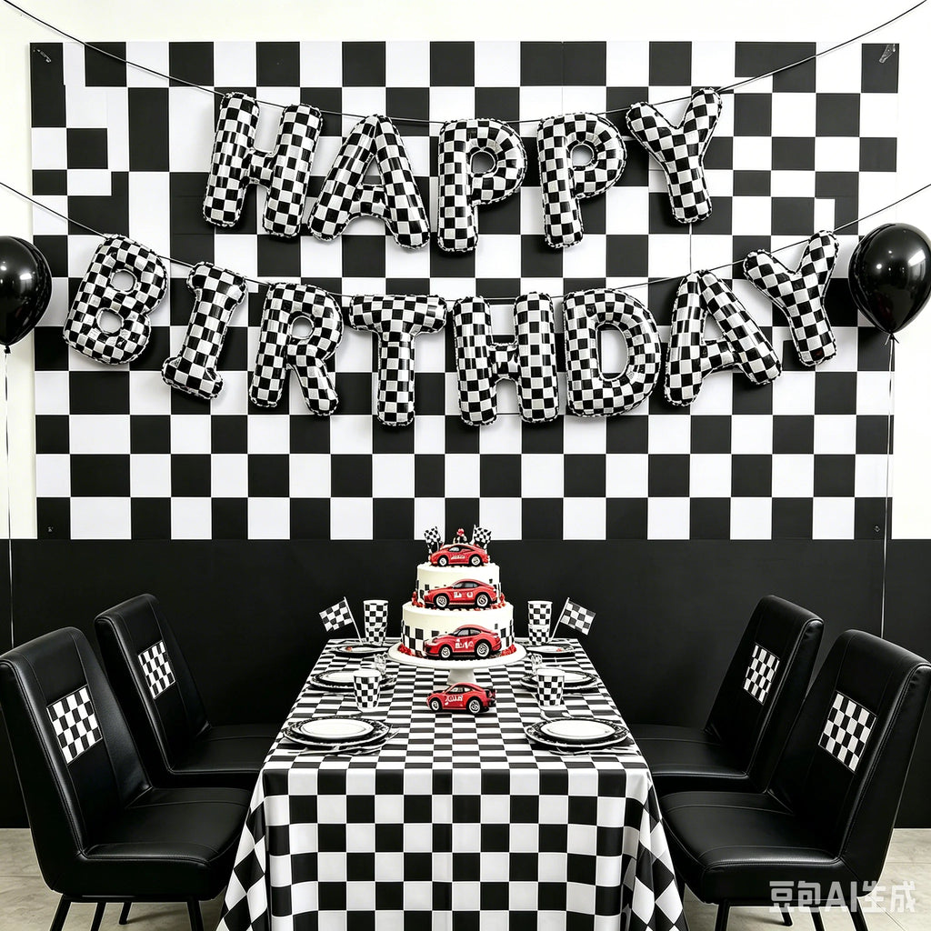 Racing Car Birthday Foil Balloon Banner – Black & White 16" Party Foil Balloons Babs