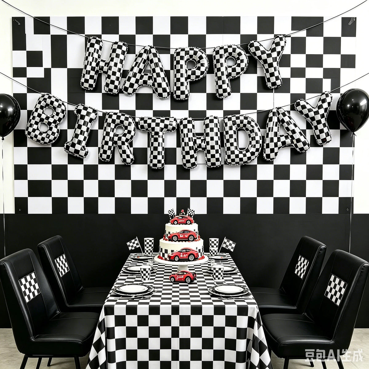 Racing Car Birthday Foil Balloon Banner – Black & White 16" Party Foil Balloons Babs