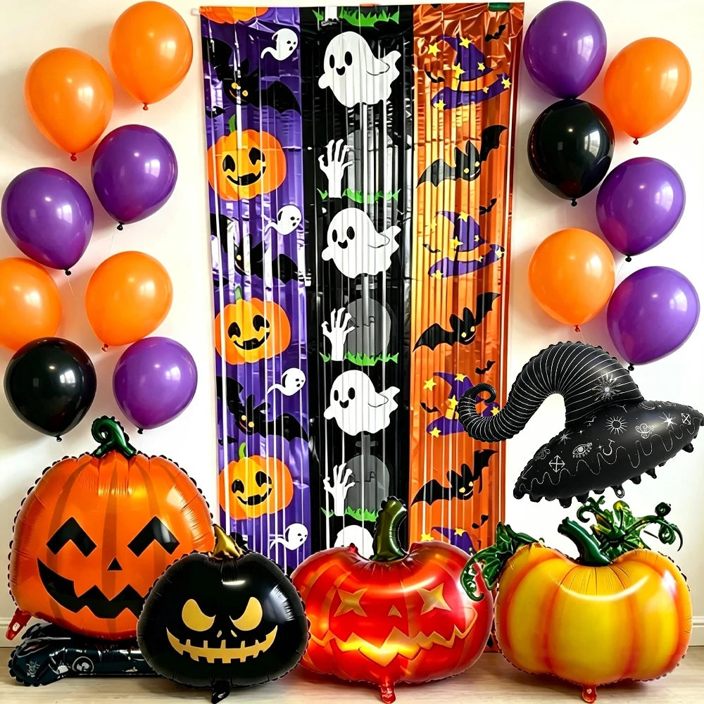 Halloween Foil Balloons Set – Pumpkin Ghost Bat Fringe Curtain Halloween Balloon Set Babs