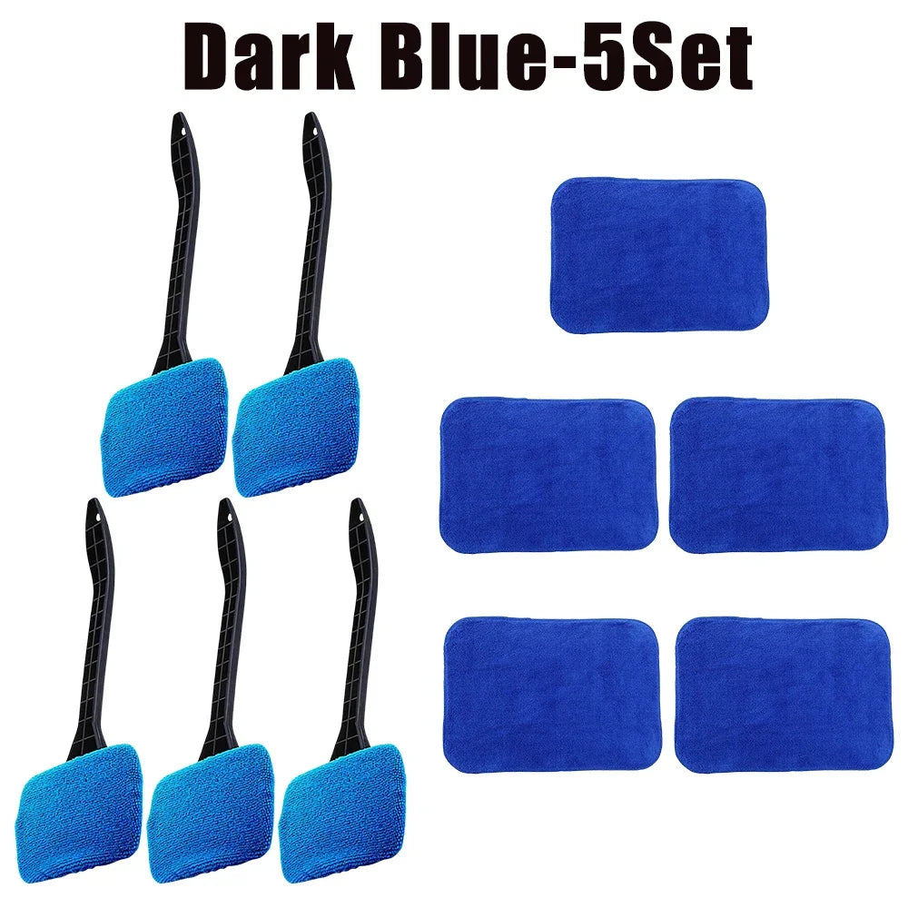 Car Window Cleaner Brush Kit – Long Handle Microfiber Wiper Car Cleaning Brush Babs Dark Blue-5Set
