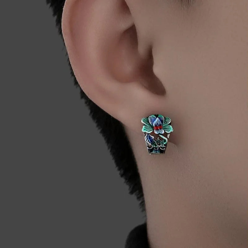 Thai Silver Peony Flower Hoop Earrings – Unisex Ethnic Style Hoop Earrings Babs