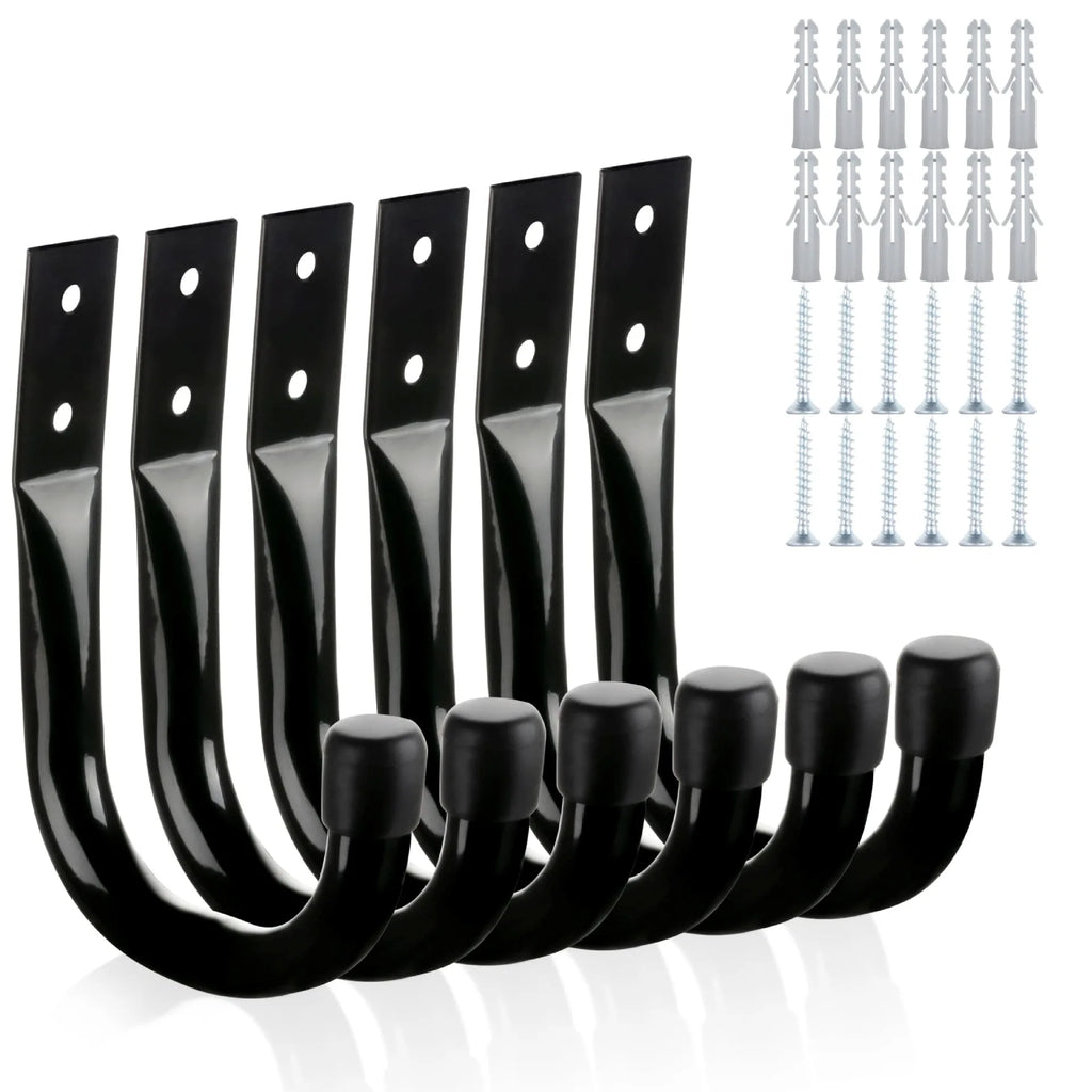 6-Pack Heavy-Duty Garage Wall J-Hooks for Tools & Cords Garage Storage Hooks Babs Black 11.5x8.5cm