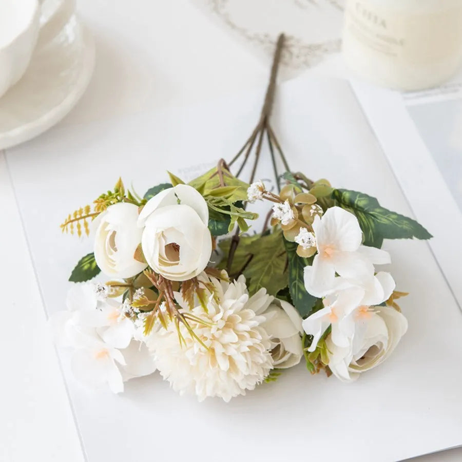 Silk Tea Rose Bud Bouquet – Fake Flowers for Home & Wedding Artificial Flower Bouquet Babs WHITE 1 pc