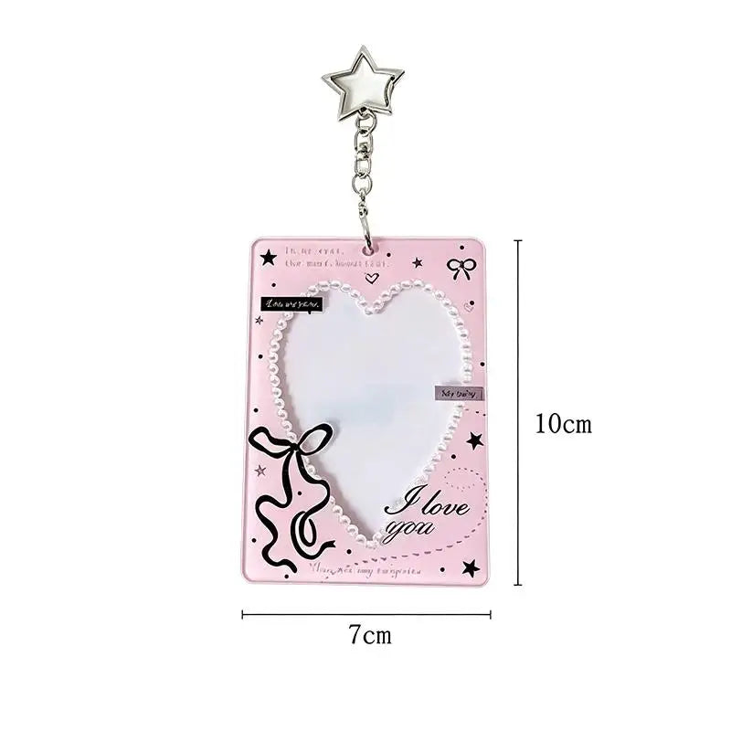 Heart Bow Kpop Photocard Holder with Star Keychain | Lace Frame Photocard Holder Babs