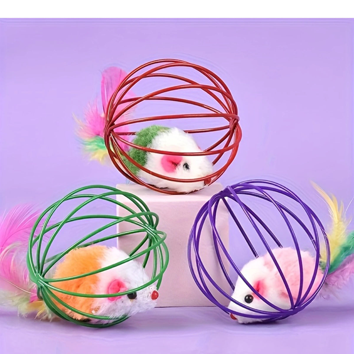 Interactive Cat Wire Cage Mouse Toy with Feather & Jingle Bell Interactive Cat Toy Babs