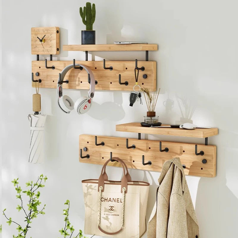 Wall Mounted Coat Rack with Shelf & 10 Hooks – Bamboo Wall Coat Rack Babs