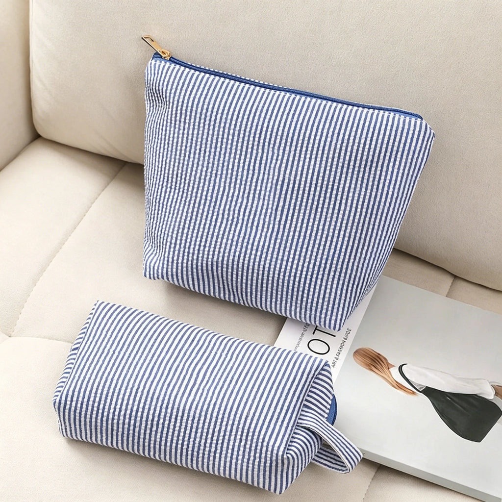 2-Piece Striped Makeup Bag Set – Travel Toiletry Organizer Cosmetic Bag Set Babs Blue