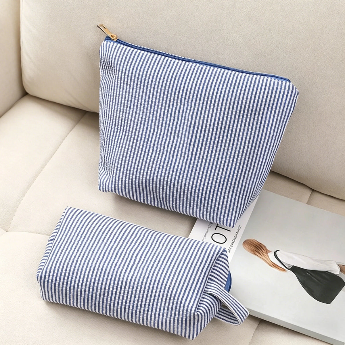 2-Piece Striped Makeup Bag Set – Travel Toiletry Organizer Cosmetic Bag Set Babs Blue