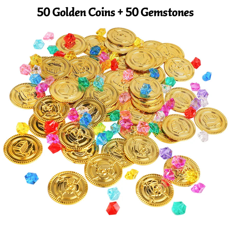 100pcs Pirate Gold Coins with Gemstones | Party Treasure Filler Party Treasure Props Babs 100pcs mix