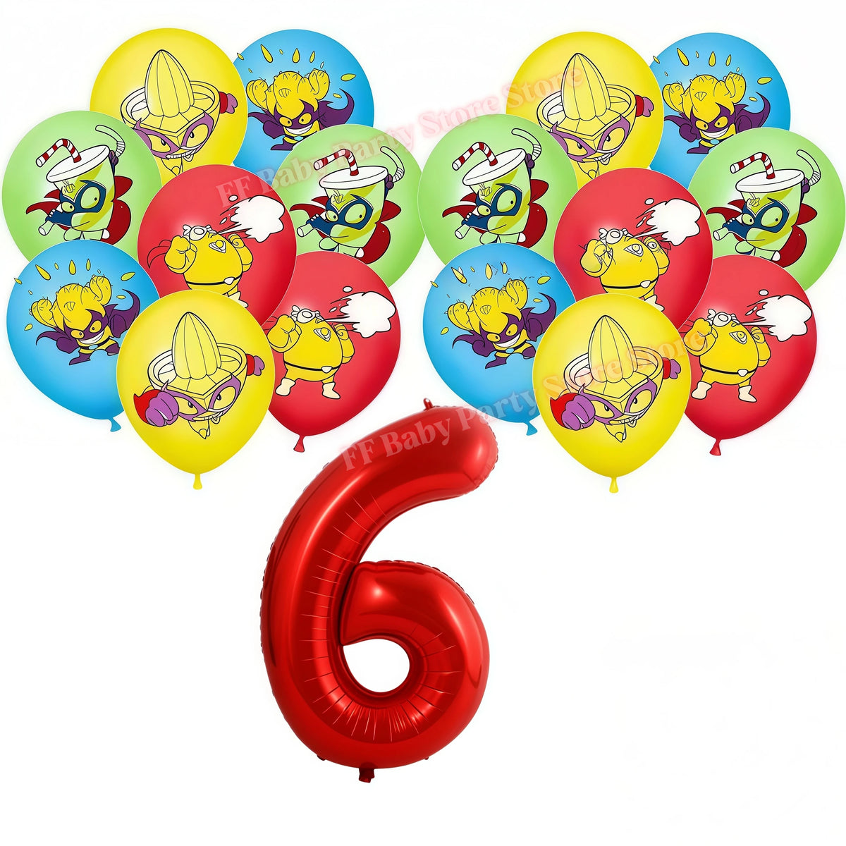 Superthings Party Balloons, Cake Toppers & Backdrop Set – 6pcs Party Decoration Set Babs 17pcs balloons-6 others