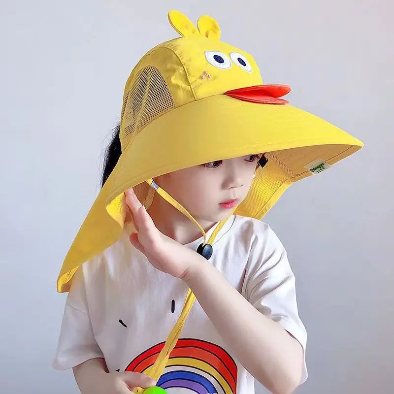 Kids UPF 50+ Sun Hat Wide Brim & Neck Flap – Beach Cap Kids Sun Hat Babs Yellow duck 3-12Y