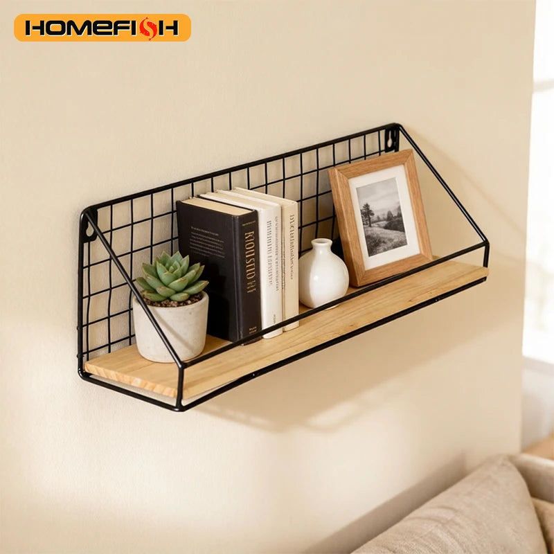 Wall Mounted Iron & Wood Floating Storage Shelf | Space Saving Floating Wall Shelf Babs