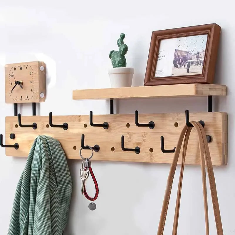 Wall Mounted Coat Rack with Shelf & 10 Hooks – Bamboo Wall Coat Rack Babs B-10 Hook With Clock