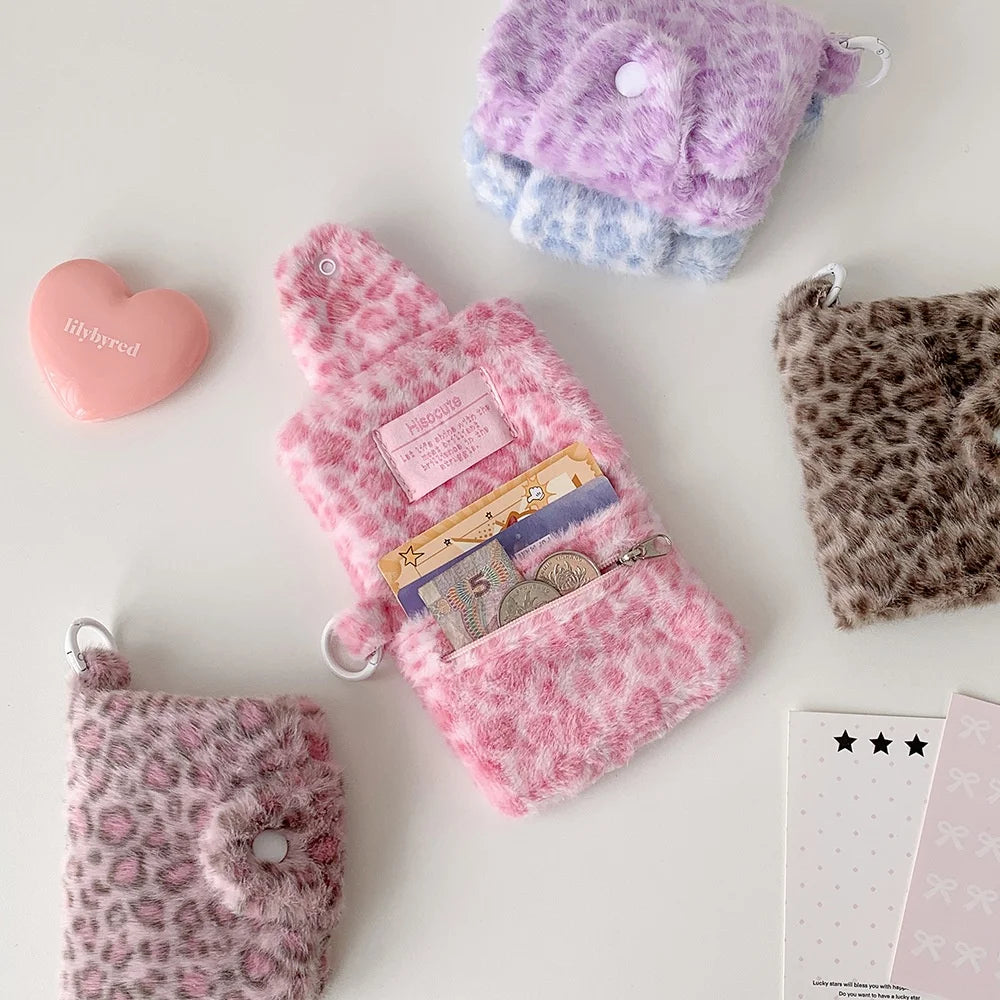 Plush Leopard Snap Card Bag – Mini Coin Wallet & Pouch Mini Snap Card Wallet Babs