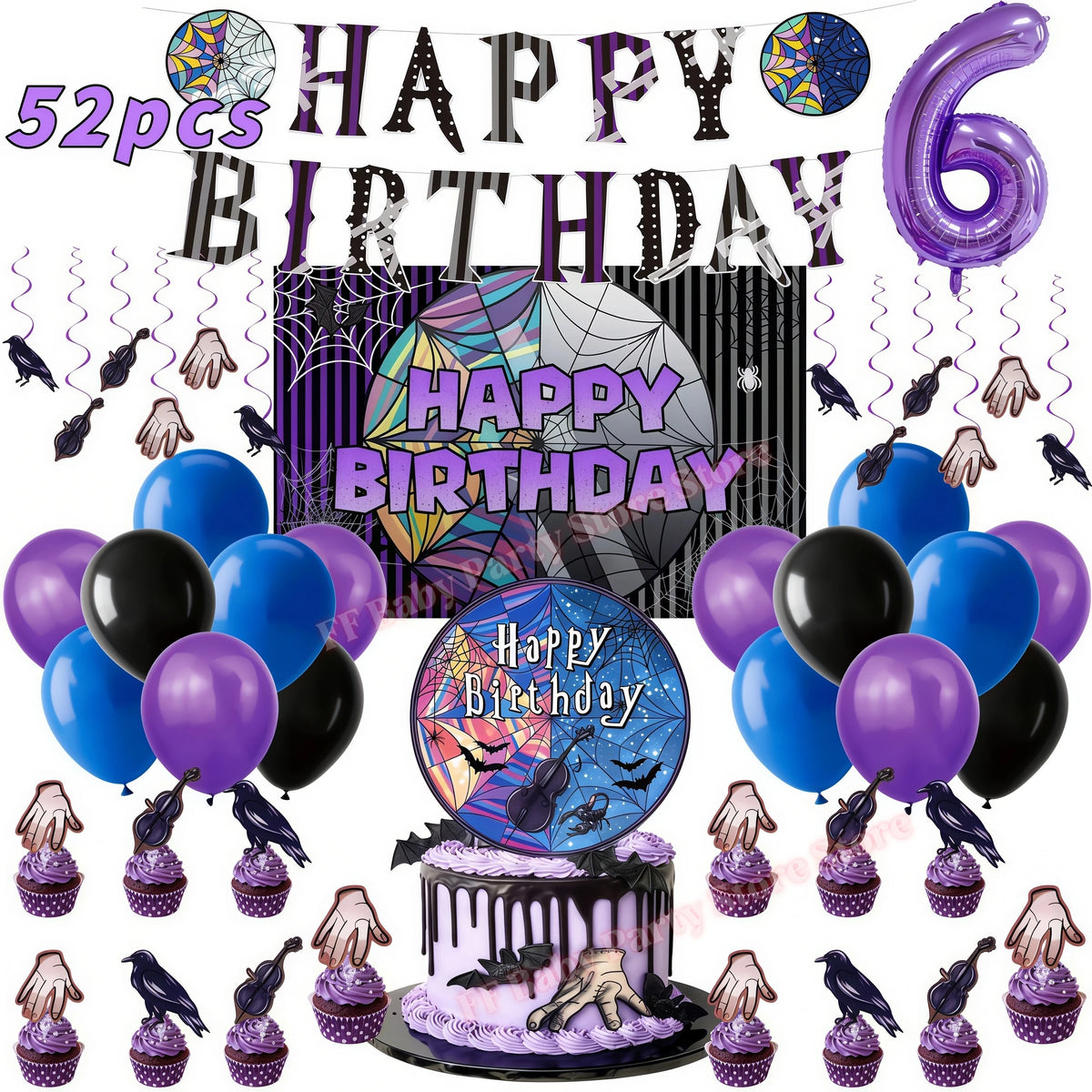 Addams Dark Academia Birthday Party Kit – Balloons, Plates & Backdrop Party Decoration Kit Babs 52pcs Numer6 others
