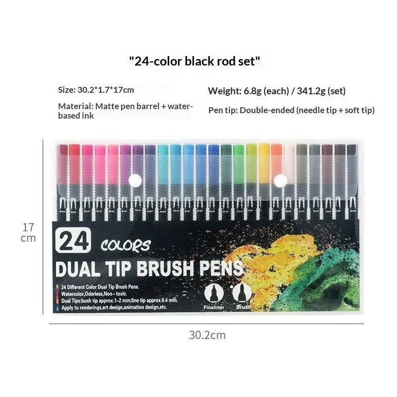 36-Color Soft Tip Brush Pens – Washable Water-Based Markers Watercolor Brush Pens Babs 24colors black