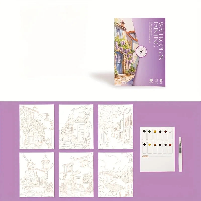 Watercolor Painting Set – Adult Coloring Book Landscape & Floral Watercolor Art Set Babs PURPLE