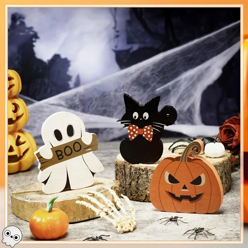 Halloween Wooden Table Decor Set – Black Cat, Pumpkin & Ghost Halloween Table Decor Babs