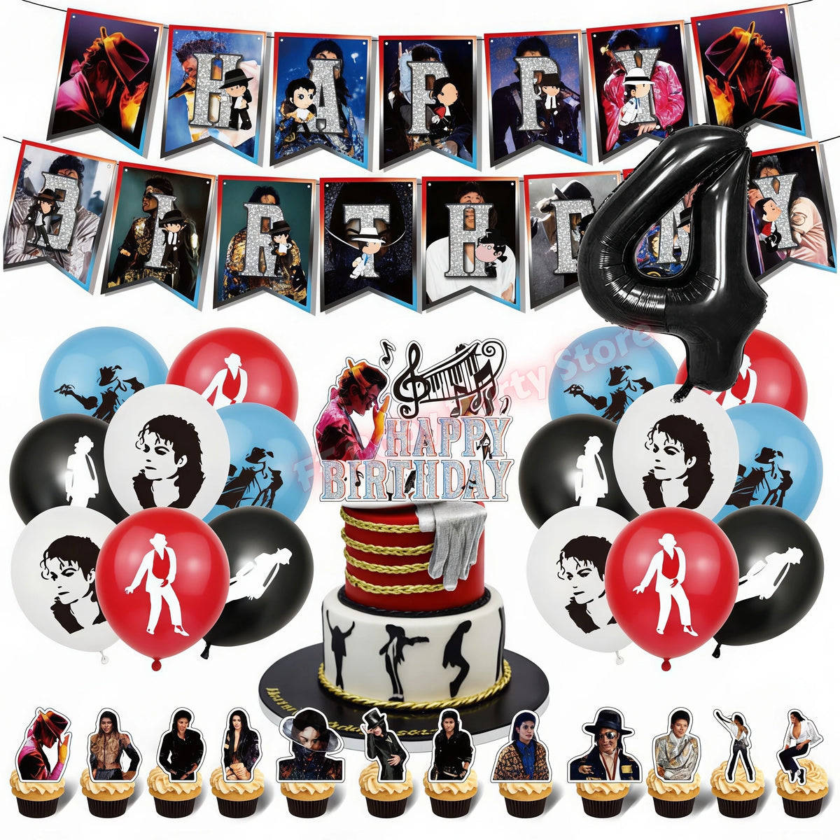 MJ Pop King Birthday Party Decorations – Balloon, Banner & Topper Party Decoration Set Babs 32pcs Number-4