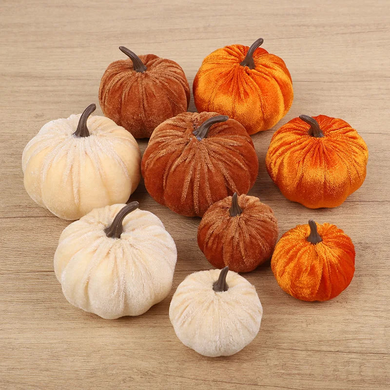 9pc Velvet Artificial Pumpkins – Fall Halloween Thanksgiving Decor Artificial Pumpkins Babs