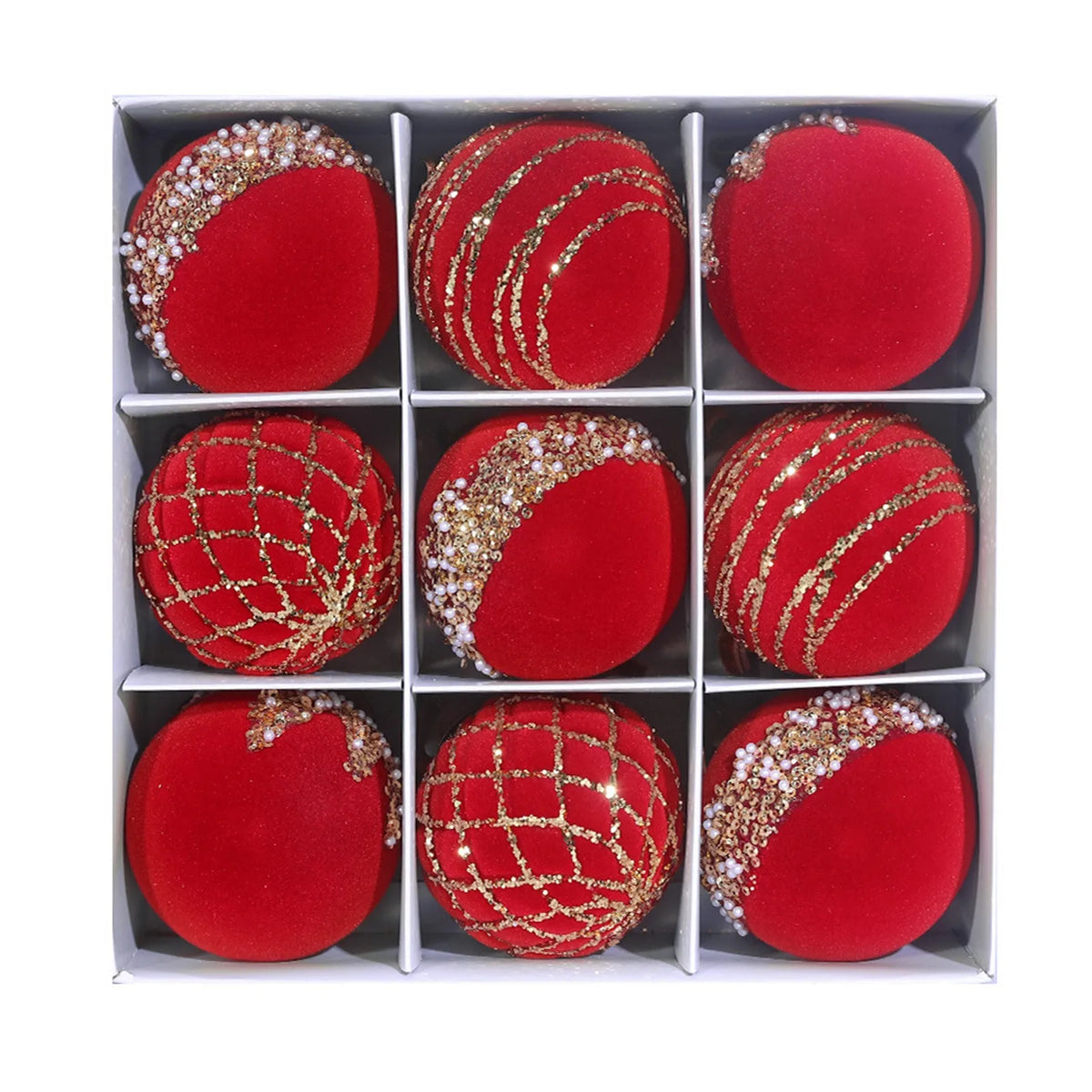 9-Piece Flocked Green Velvet Christmas Ball Ornaments 80MM Set Christmas Ornaments Set Babs 8cm Red