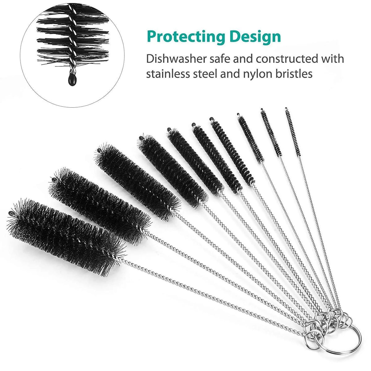 10-Piece Bottle Brush Set – Stainless Steel & Nylon Cleaner Bottle Cleaning Brush Set Babs