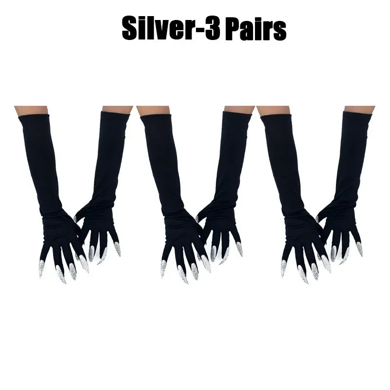 Scary Witch Claw Halloween Gloves – Long Nail Costume Mittens Halloween Costume Gloves Babs Silver-3Pairs One Size