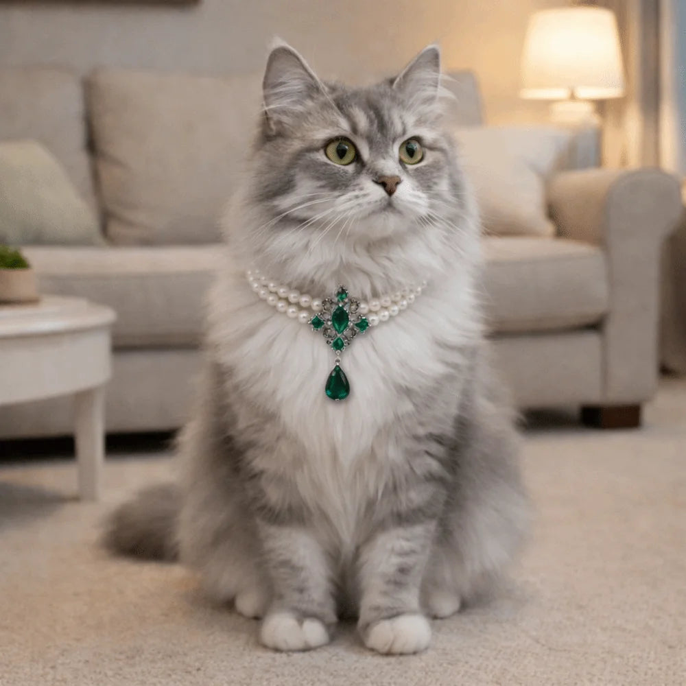 Double Layer Pearl Crystal Cat Necklace – Adjustable Collar Pet Collar Necklace Babs