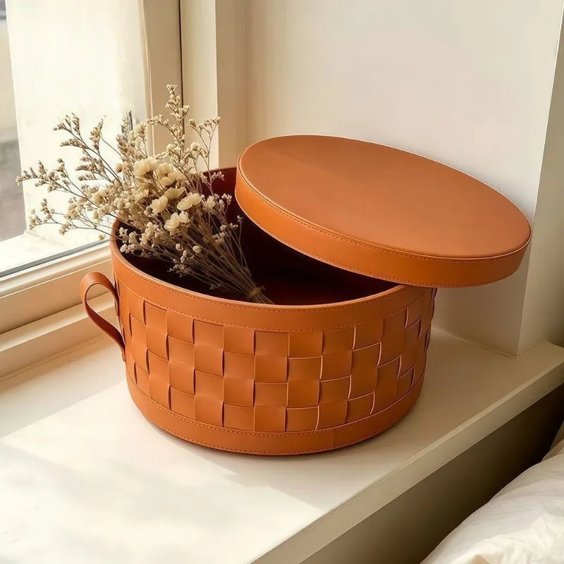 Luxury Leather Woven Storage Basket with Lid | Bedroom Organizer Storage Basket Babs