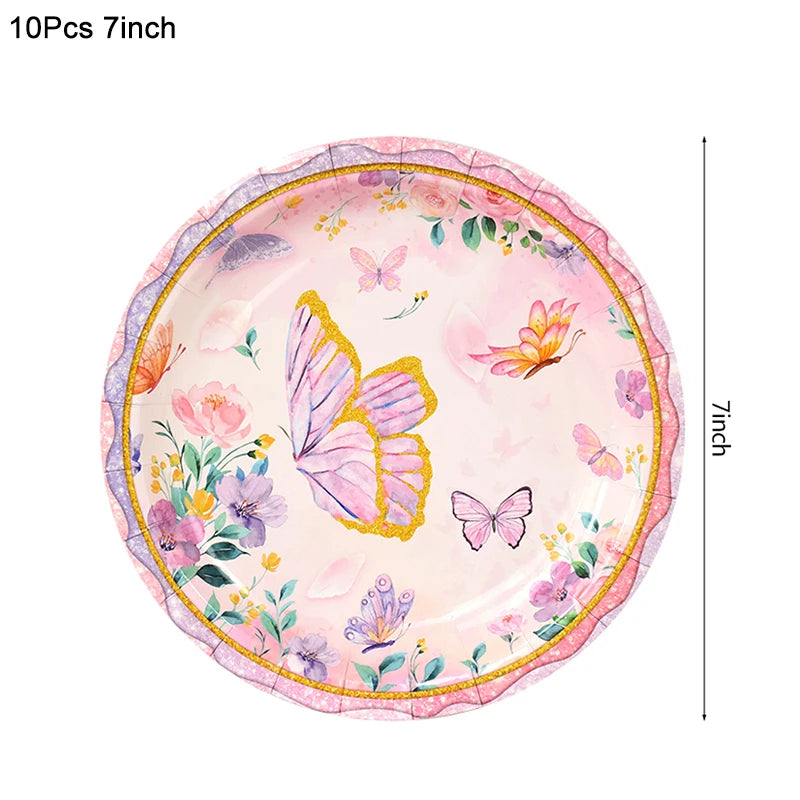 Pink Butterfly Party Tableware Set – Plates, Cups & Tablecloth Disposable Party Tableware Babs 10pcs 7inch plate
