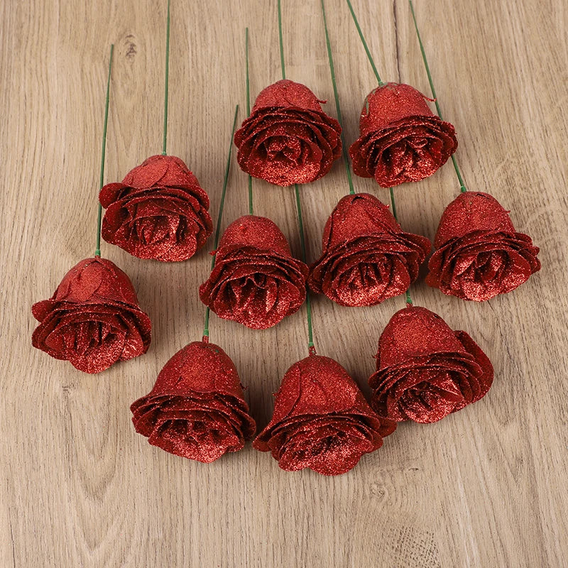 10Pcs Glitter Red Rose Artificial Bouquet – Wedding & Party Decor Artificial Flower Bouquet Babs