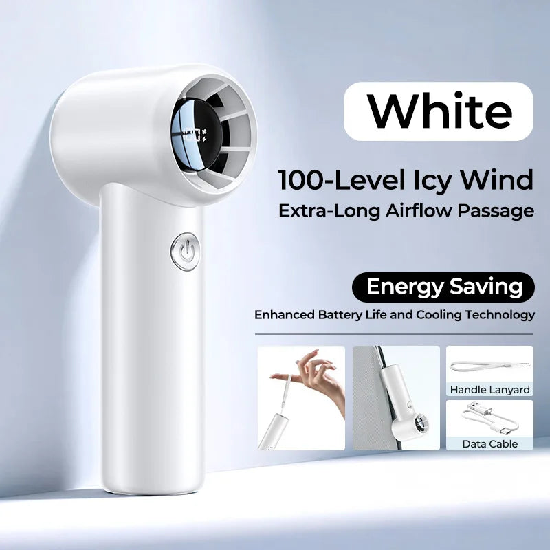 USB Rechargeable Mini Turbo Fan – Brushless Motor & Digital Display Portable Handheld Fan Babs White