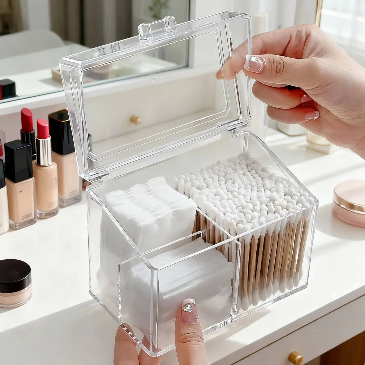 Acrylic Cotton Swab, Pad & Ball Dispenser Storage Box Cosmetic Storage Organizer Babs