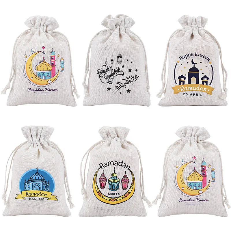 10Pcs Ramadan Linen Drawstring Gift Bags – Eid Mubarak Party Holiday Gift Bags Babs Mix 15x10cm