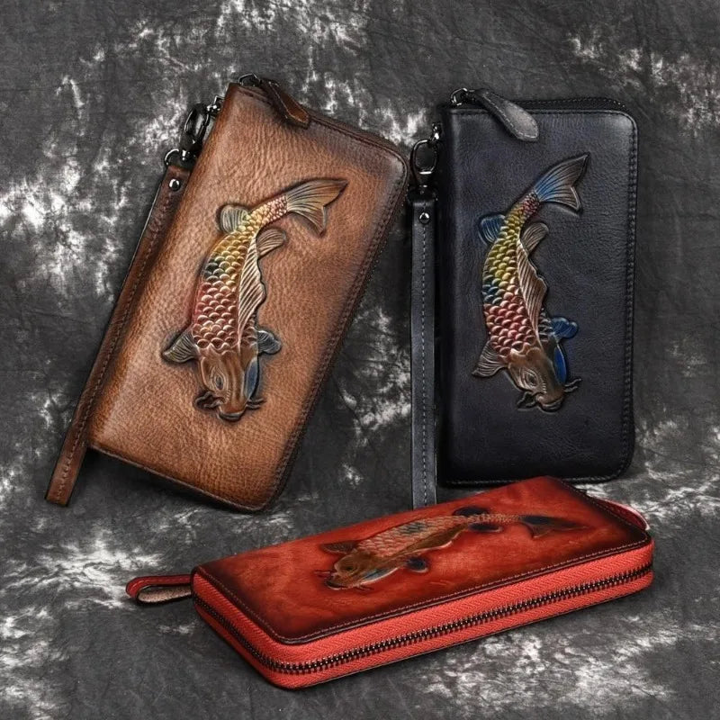 Genuine Leather Clutch Wallet – Golden Fish Embossed Wristlet Leather Clutch Wallet Babs