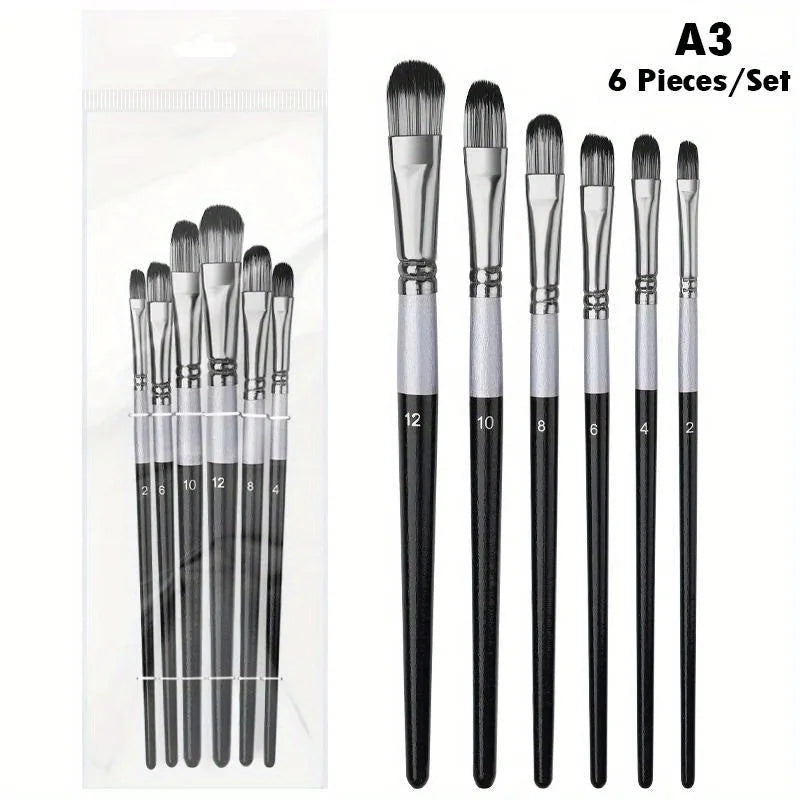 6-Piece Nylon Paint Brush Set – Acrylic, Oil & Watercolor Paint Brush Set Babs A3 round