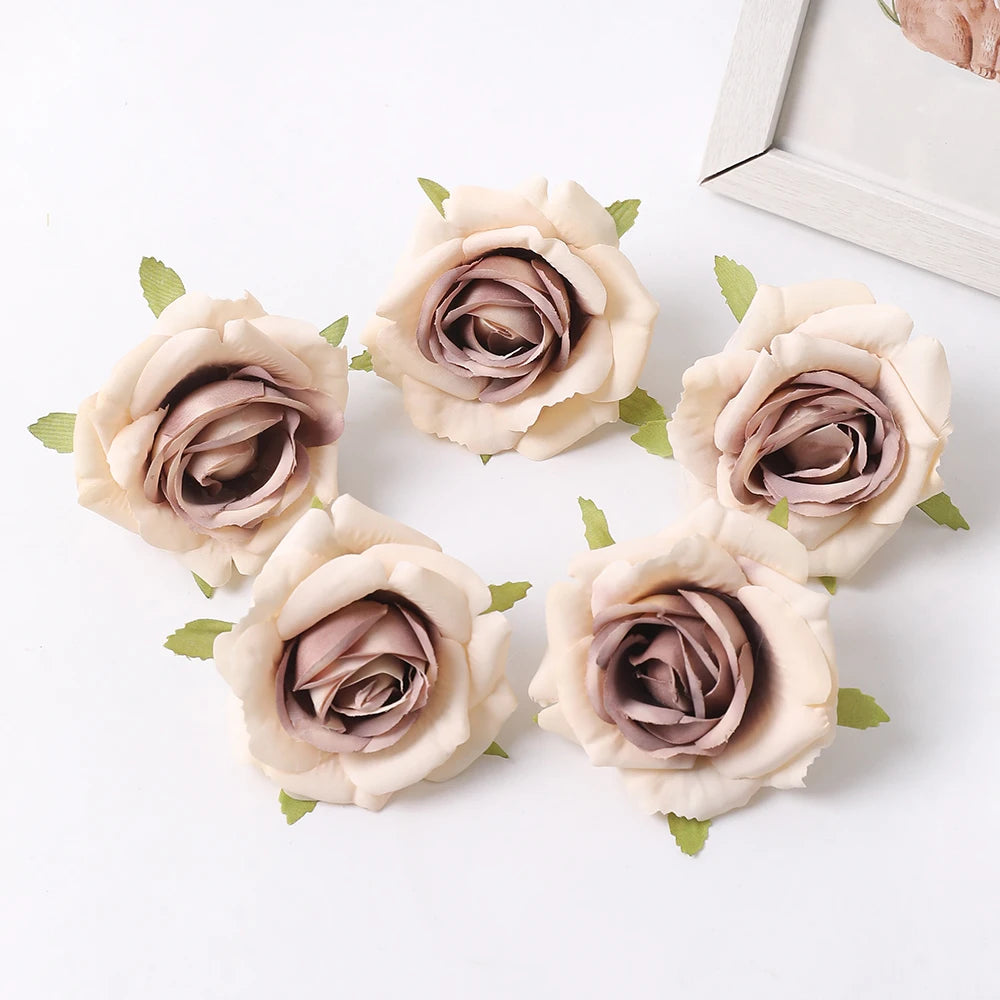 Silk Rose Artificial Flower Heads 7cm – Wedding & Home Décor Artificial Silk Flowers Babs Khaki 10Pcs