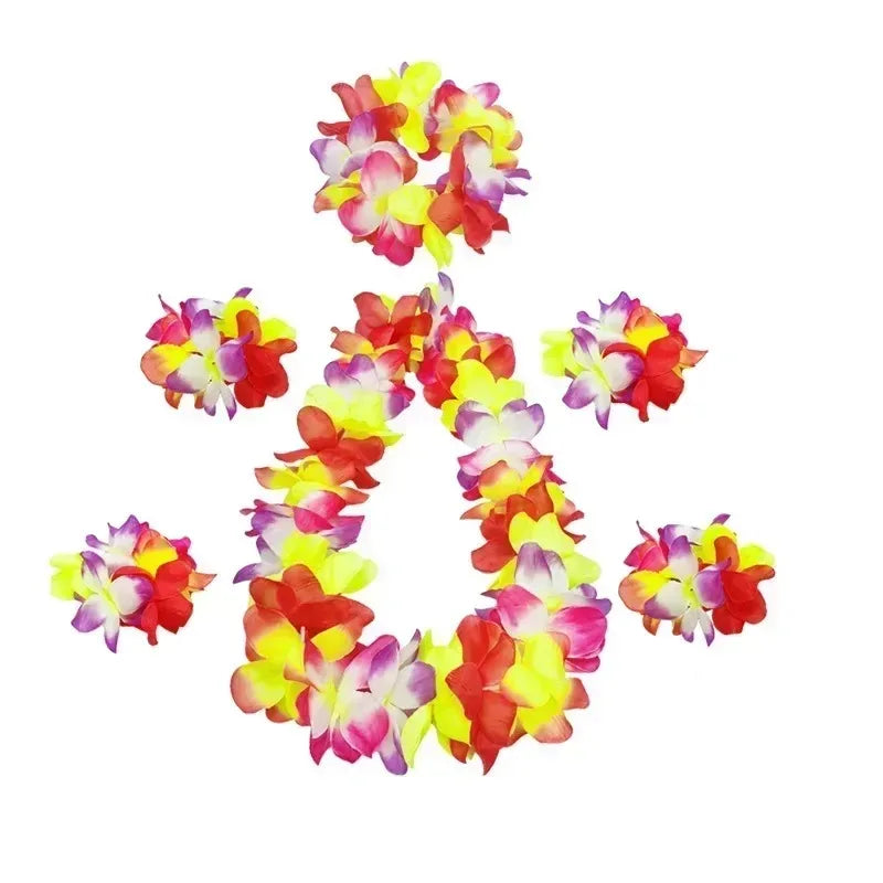 6pc Hawaiian Lei Luau Set – Necklace, Headband & Bracelets Party Lei Set Babs