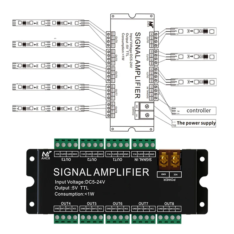 8-Channel LED Signal Amplifier WS2812 SPI TTL DC5-24V – 3-Pack LED Signal Amplifier Babs